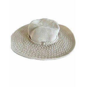 Croft & Barrow  Womens Beige Straw Woven Hat Buckle Accent  Summer Wide Brim